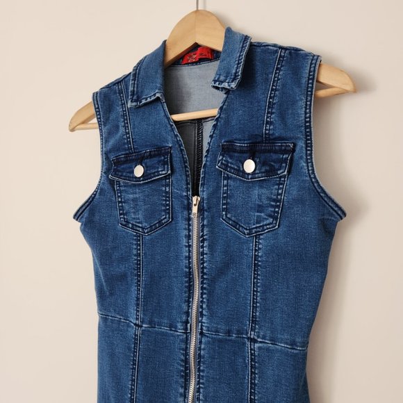Vintage Y2K Zip Up Denim Dress Medium Blue Sleeveless // Large - Picture 11 of 12